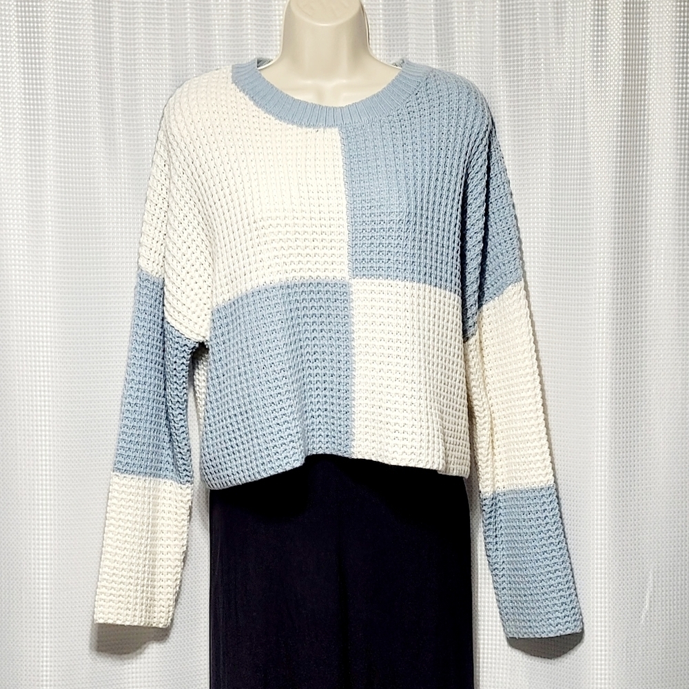 Blue & White Colorblock Cropped Oversized Waffle Knit Sweater Women's (XL - 1X)